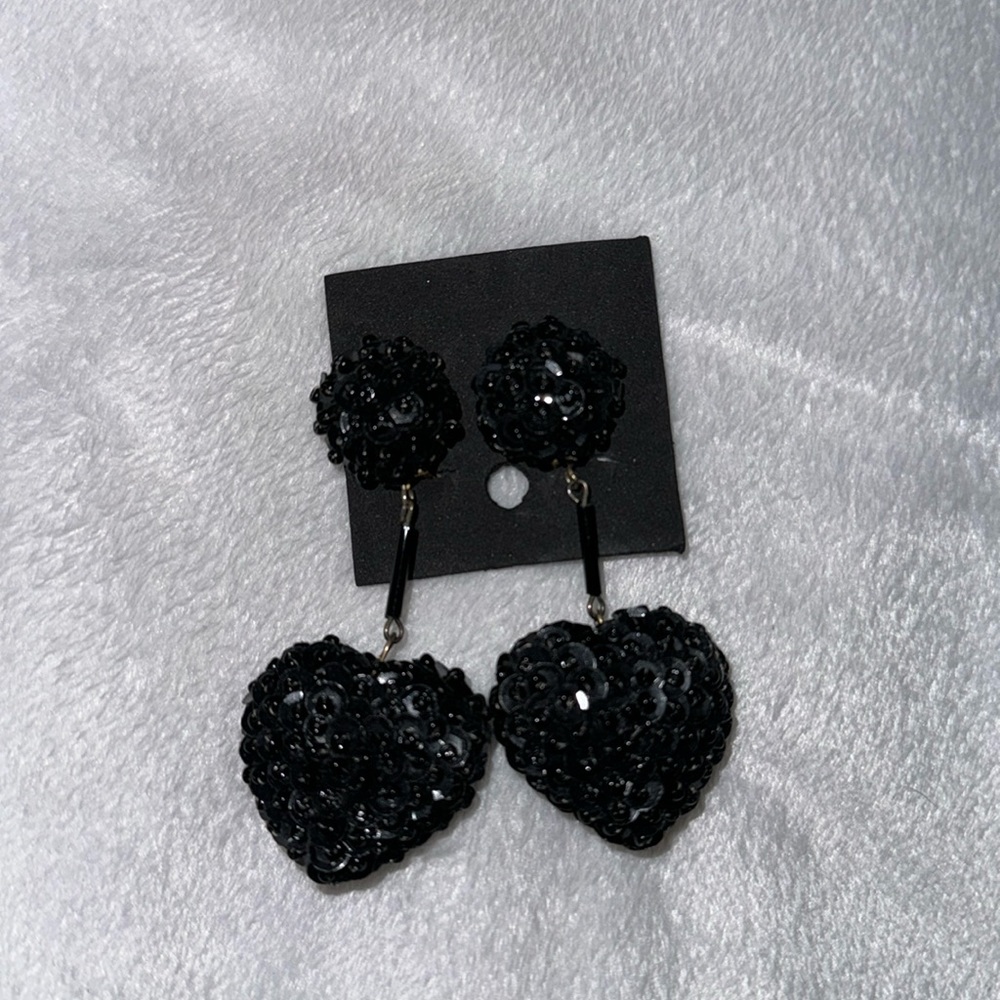 Vintage Sequin Black Heart Drop Clip Earrings